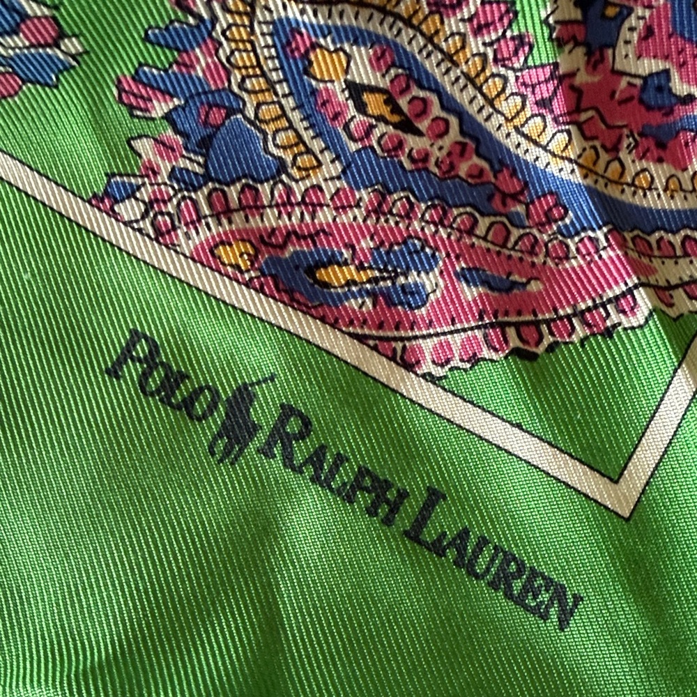 Polo by Ralph Lauren Green Paisley Silk Scarf with Pink Blue and Gold Accents